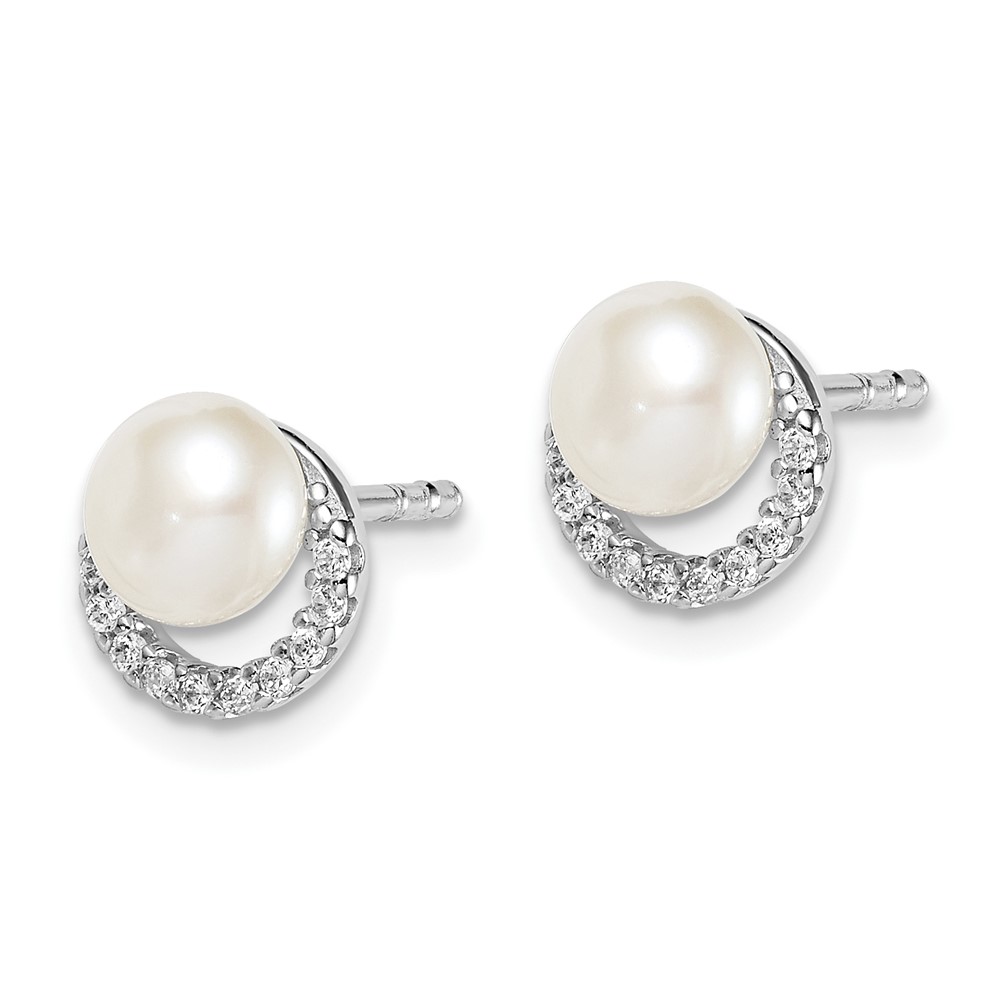 Sterling Silver Rhodium Plated FWC Pearl CZ Post Earrings (QE15056)