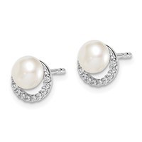 Sterling Silver Rhodium Plated Fwc Pearl CZ Post Earrings view 2