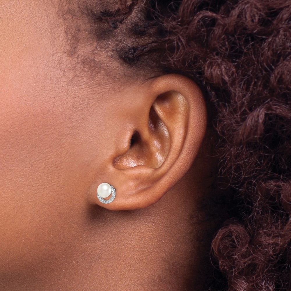 Sterling Silver Rhodium Plated FWC Pearl CZ Post Earrings (QE15056)