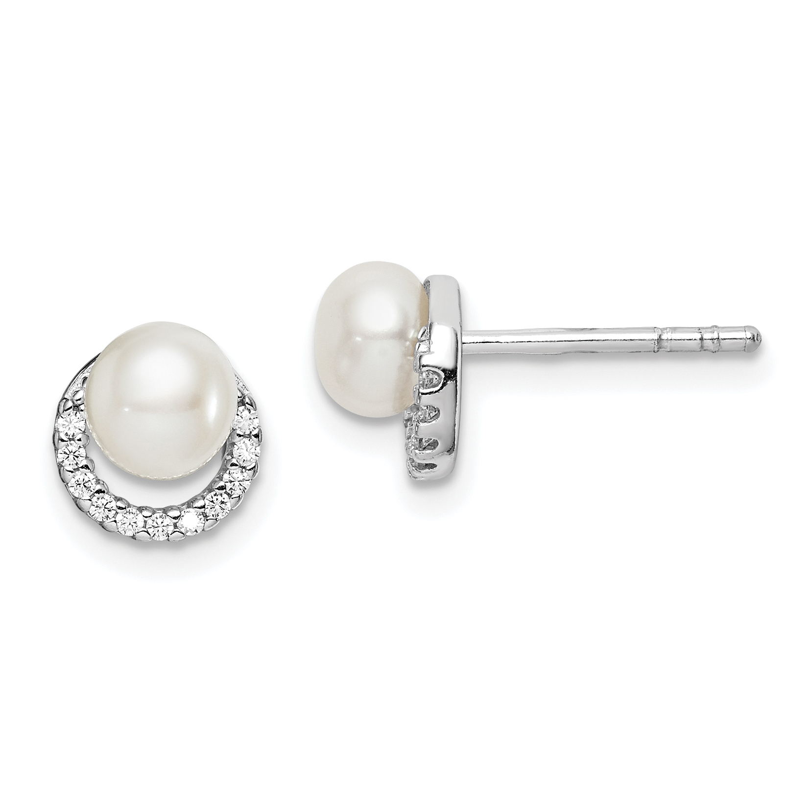 Sterling Silver Rhodium Plated FWC Pearl CZ Post Earrings (QE15056)