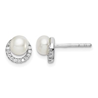 Sterling Silver Rhodium Plated Fwc Pearl CZ Post Earrings view 1
