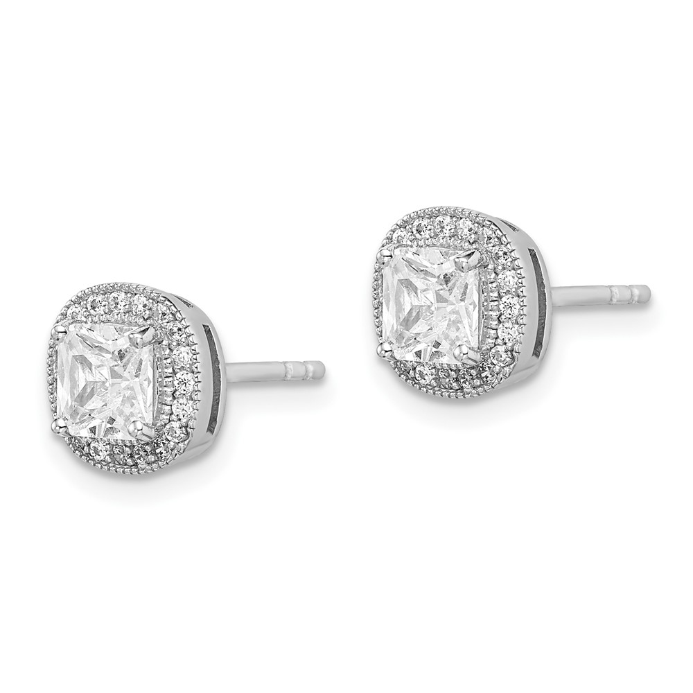 Sterling Silver RH-plated Polished & Textured 5mm CZ Halo Post Earrings (QE15057)