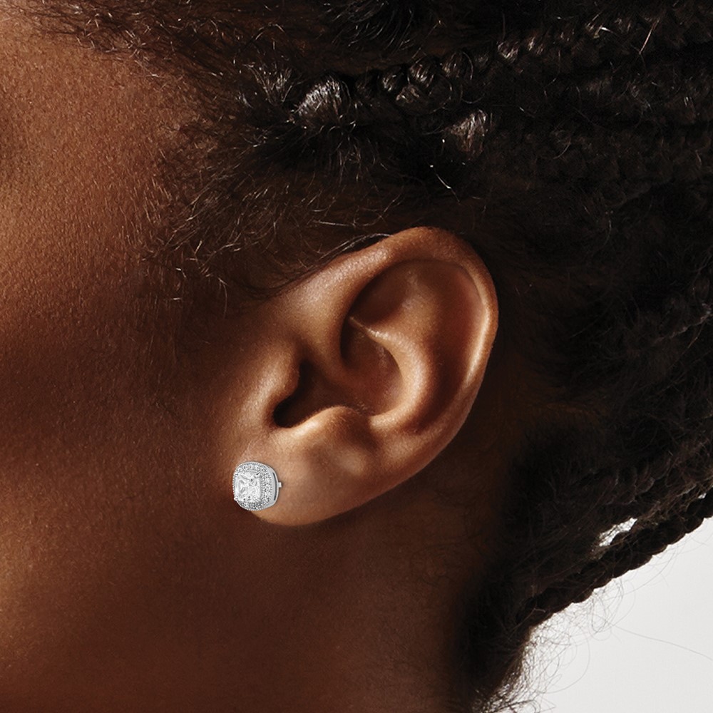 Sterling Silver RH-plated Polished & Textured 5mm CZ Halo Post Earrings (QE15057)
