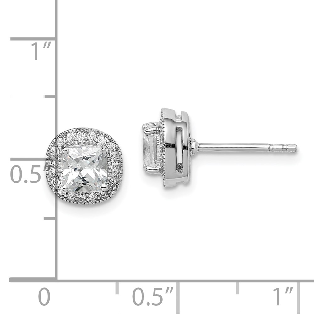 Sterling Silver RH-plated Polished & Textured 5mm CZ Halo Post Earrings (QE15057)