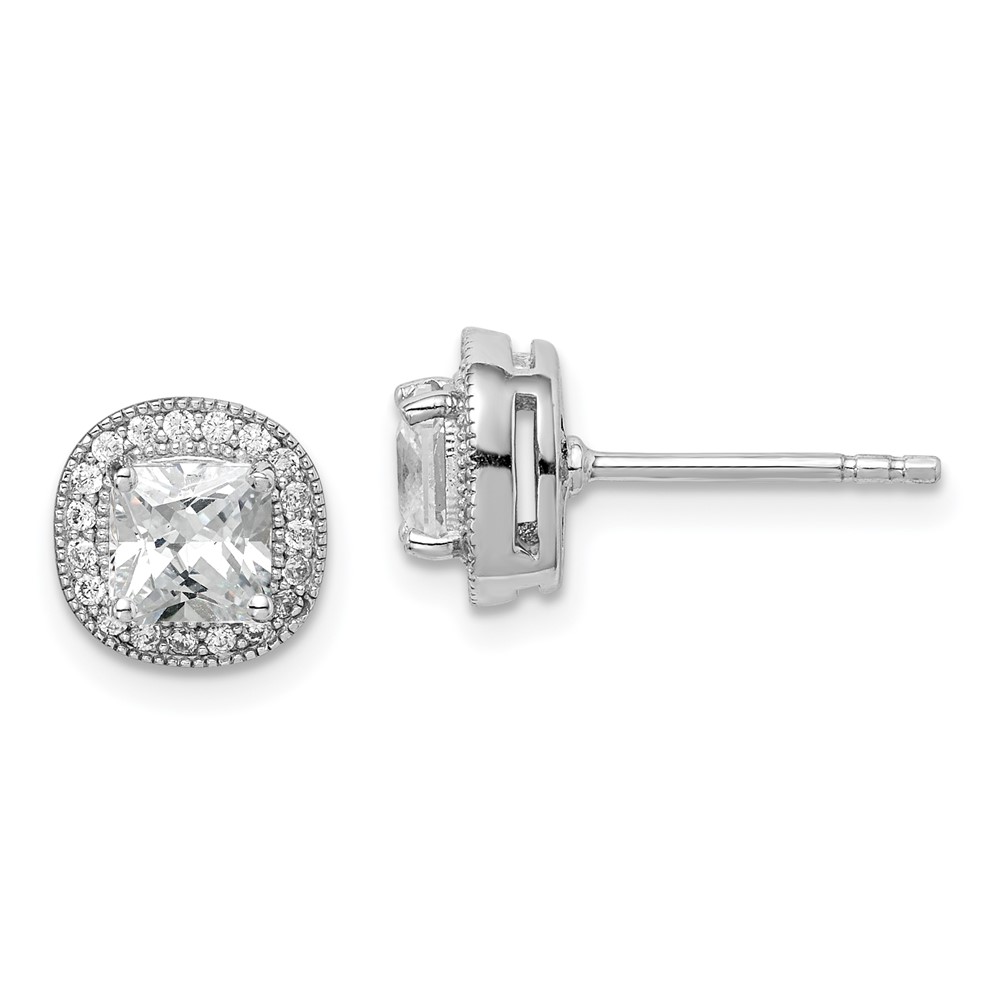 Sterling Silver RH-plated Polished & Textured 5mm CZ Halo Post Earrings (QE15057)
