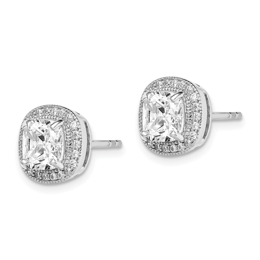 Sterling Silver RH-plated Polished & Textured 6mm CZ Halo Post Earrings (QE15058)