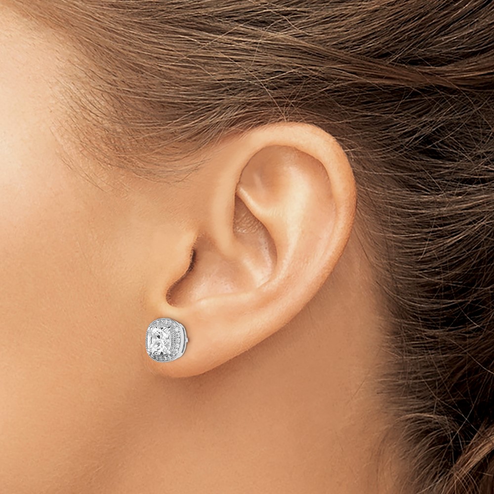 Sterling Silver RH-plated Polished & Textured 6mm CZ Halo Post Earrings (QE15058)