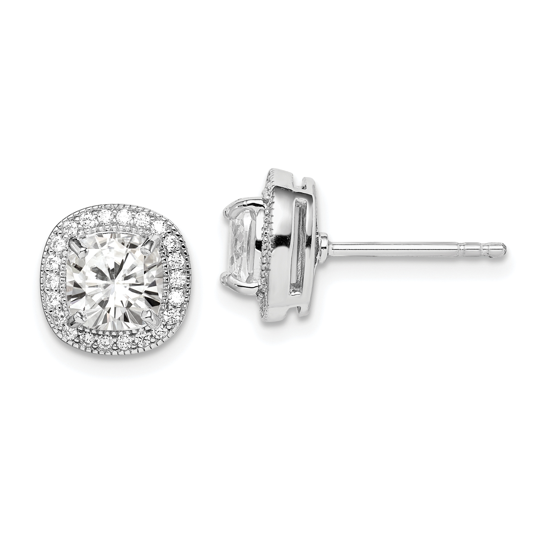 Sterling Silver RH-plated Polished & Textured 6mm CZ Halo Post Earrings (QE15058)