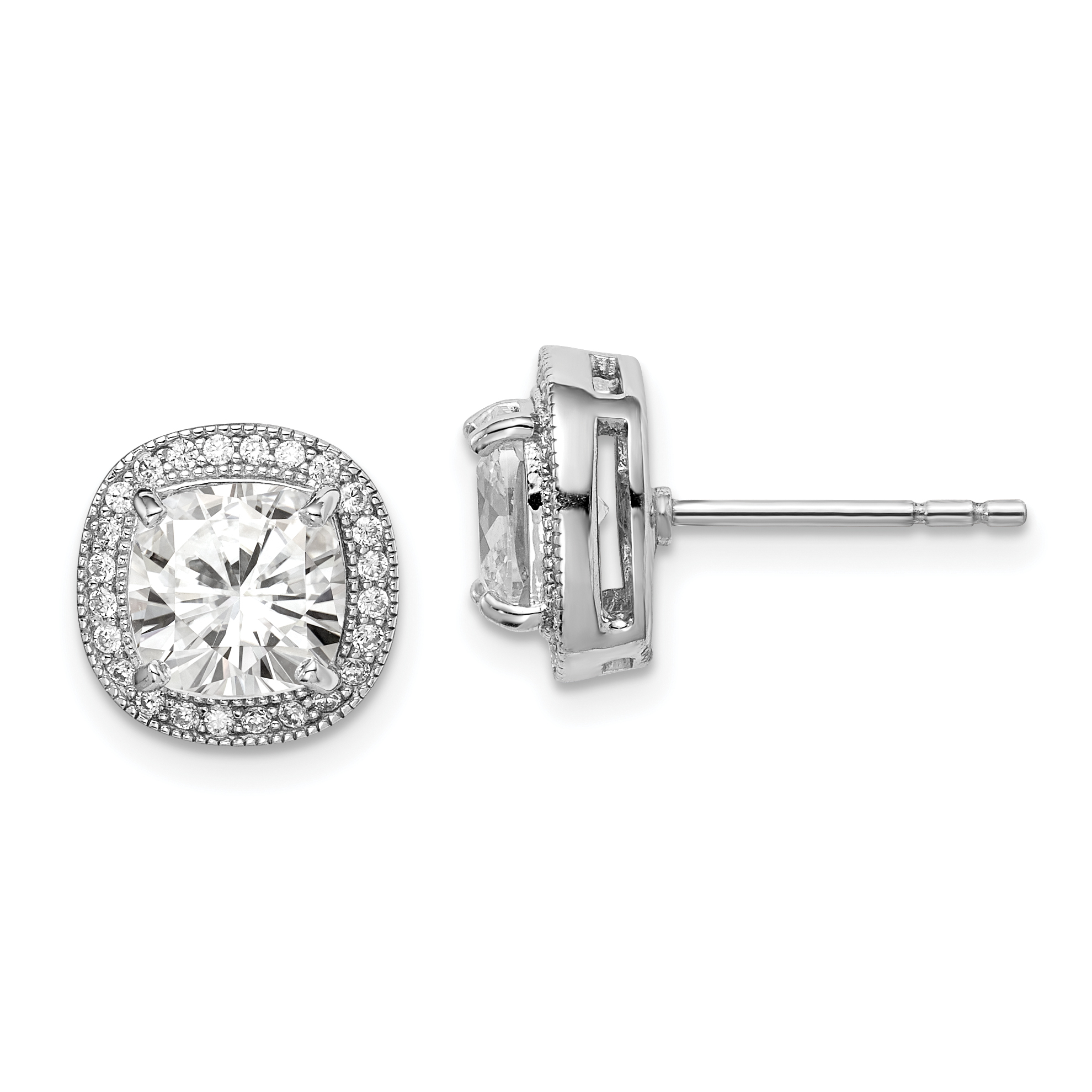 Sterling Silver RH-plated Polished & Textured 7mm CZ Halo Post Earrings (QE15059)