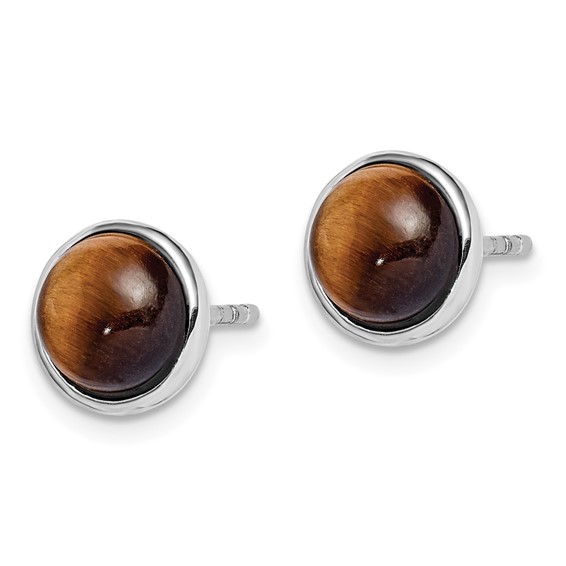 Sterling Silver Rhodium-plated Polished 7mm Tiger's Eye Post Earrings