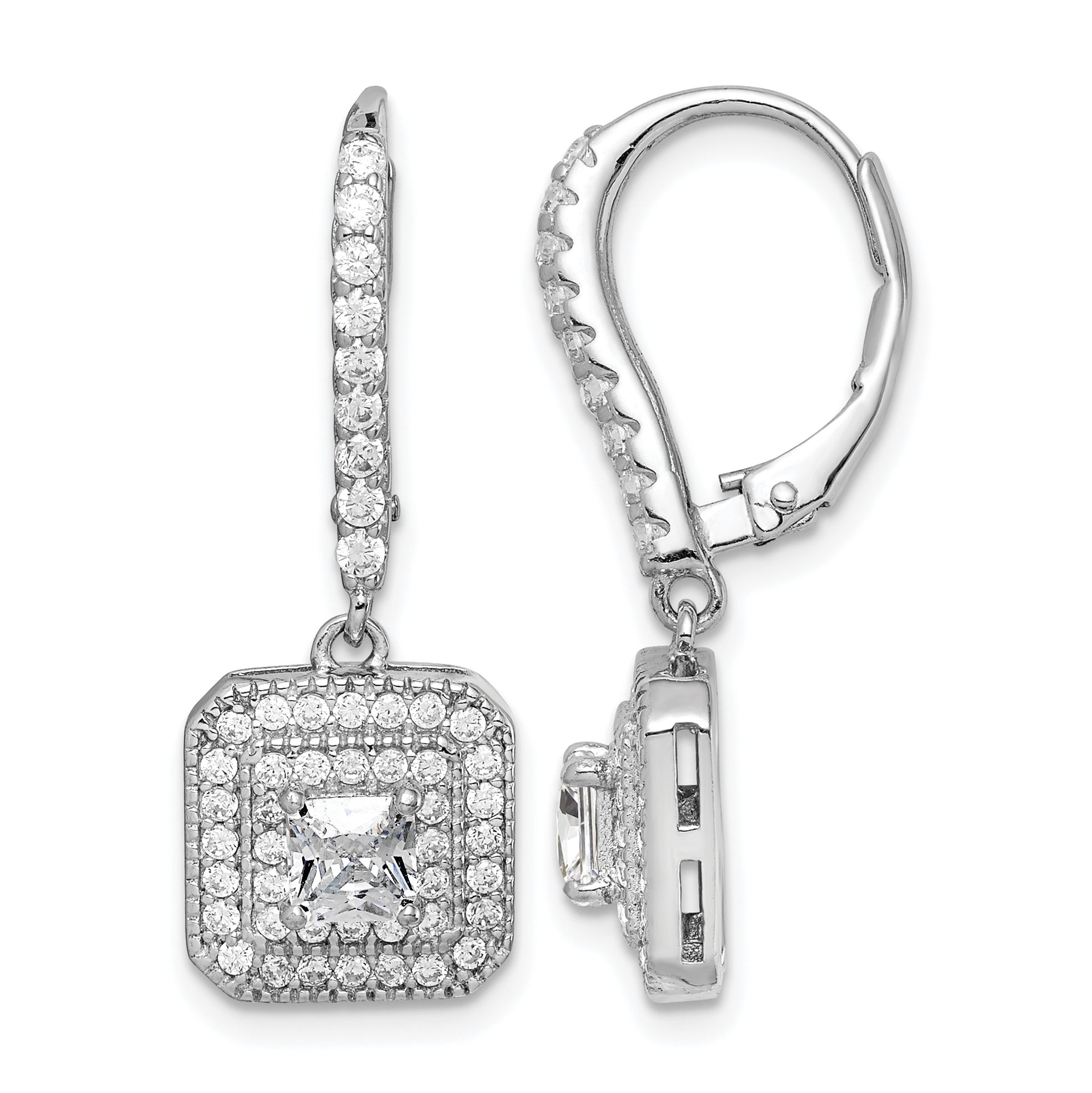 Sterling Silver Rhodium-plated Polished CZ Square Leverback Earrings (QE15062)