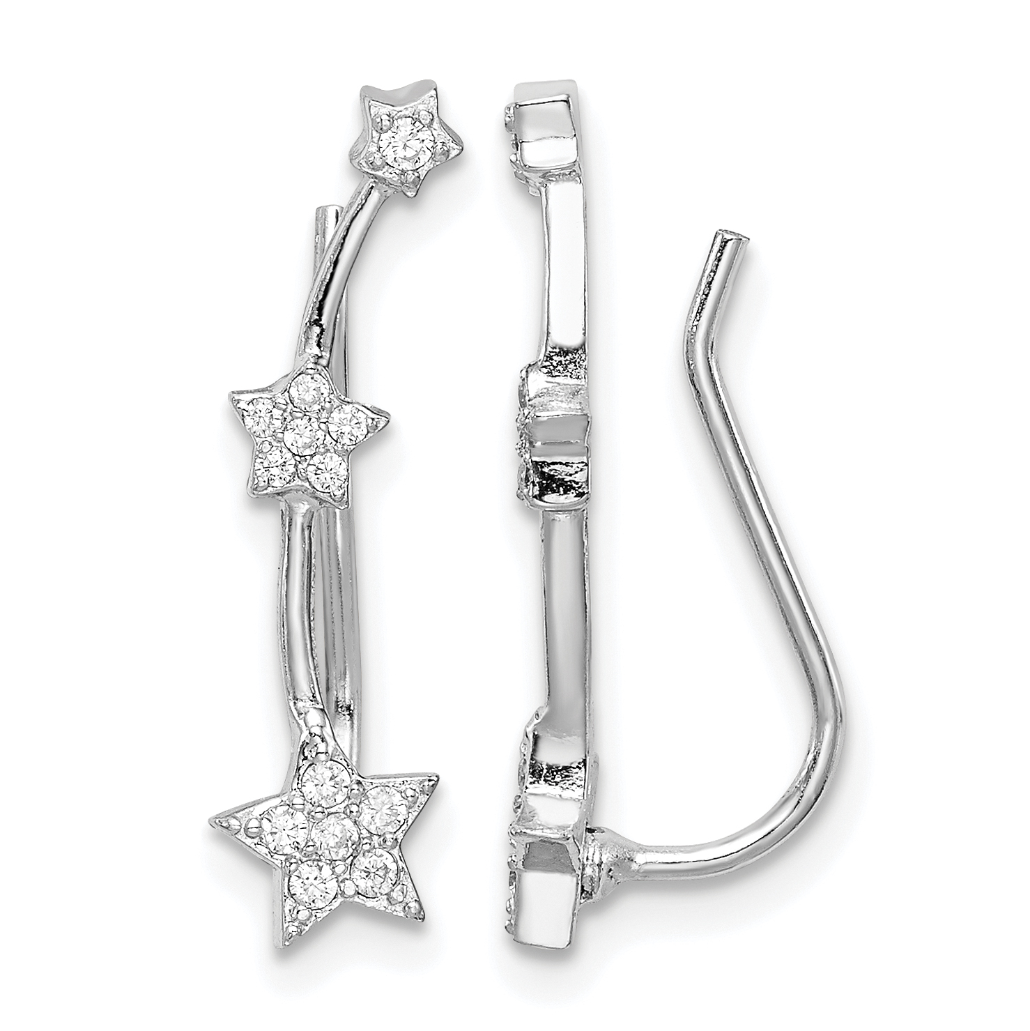 Sterling Silver Rhodium-plated Polished CZ Three Star Ear Climber Earrings (QE15064)
