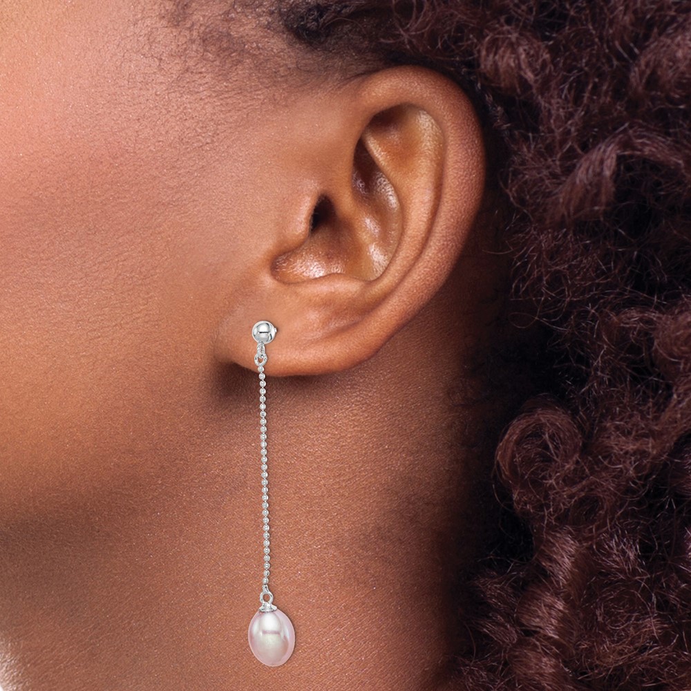 Sterling Silver Rhodium-plated 7-8mm Purple Teardrop Freshwater Cultured Pearl Post Dangle Earrings (QE15071)