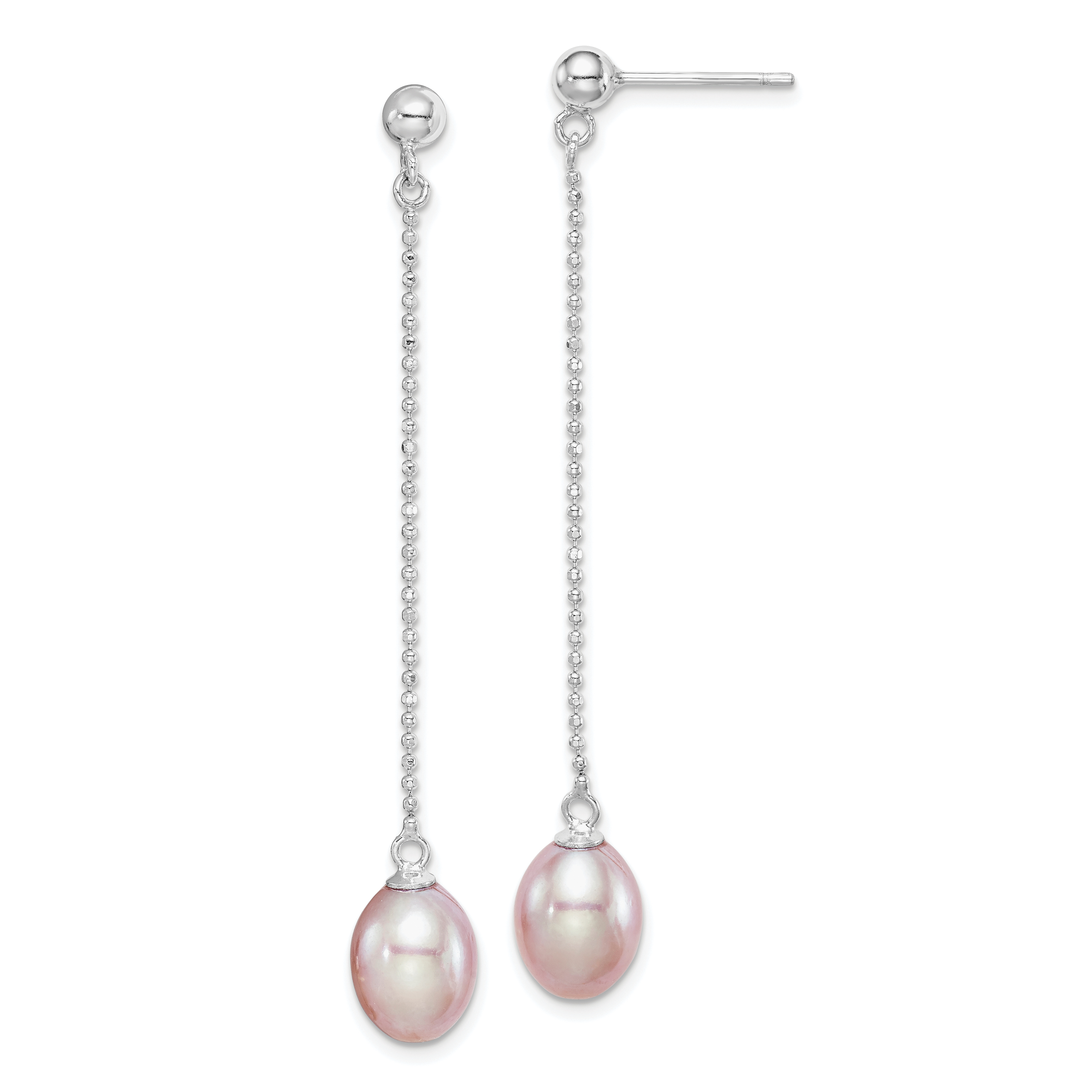 Sterling Silver Rhodium-plated 7-8mm Purple Teardrop Freshwater Cultured Pearl Post Dangle Earrings (QE15071)