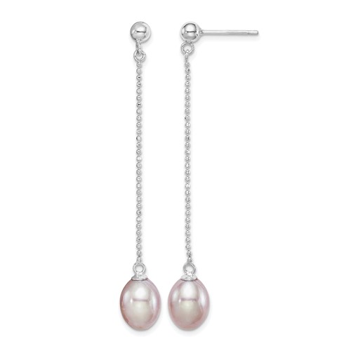 Sterling Silver Rhodium-plated 7-8mm Purple Teardrop Freshwater Cultured Pearl Post Dangle Earrings