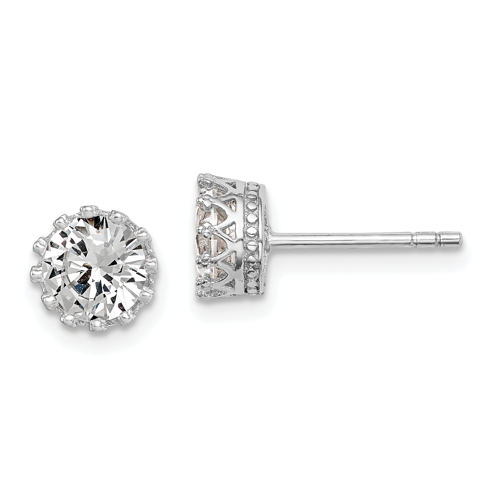Sterling Silver RH-plated Polished & Textured 6mm Round CZ Stud Earrings (QE15078)