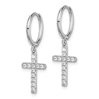Sterling Silver Rhodium-plated CZ Cross Dangle Round Hoop Earrings view 2
