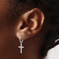 Sterling Silver Rhodium-plated CZ Cross Dangle Round Hoop Earrings view 3