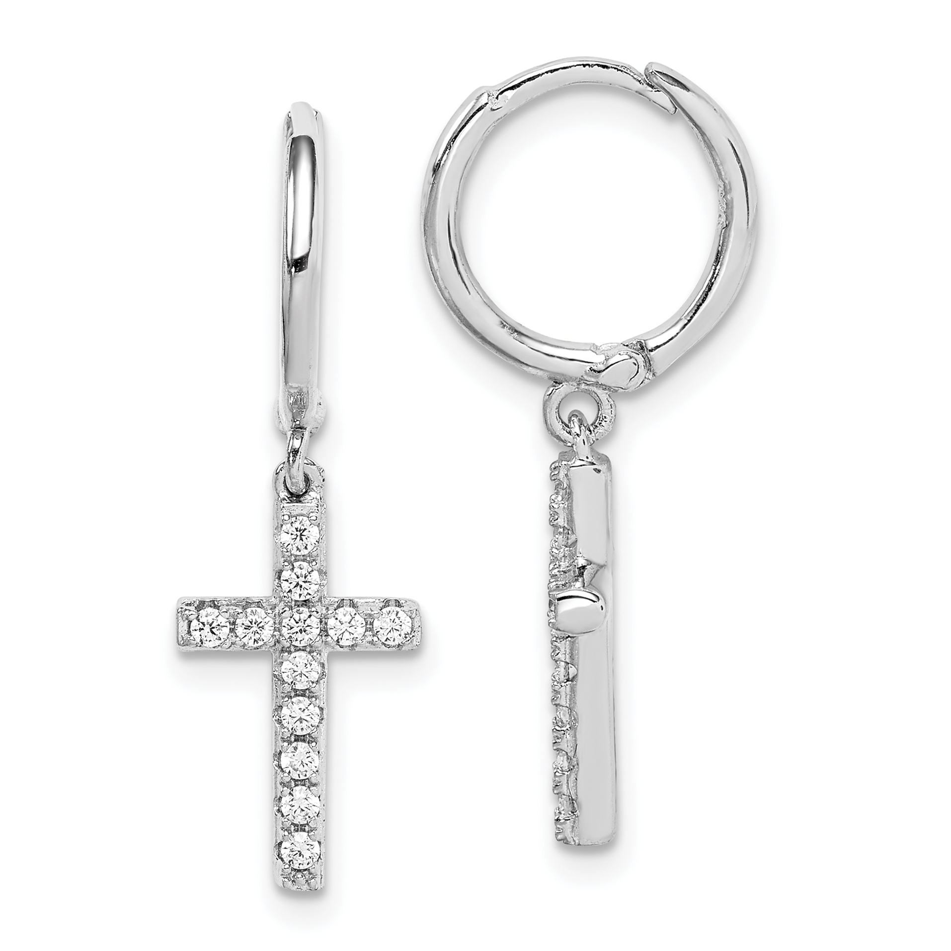 Sterling Silver Rhodium-plated CZ Cross Dangle Round Hoop Earrings (QE15085)