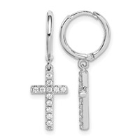 Sterling Silver Rhodium-plated CZ Cross Dangle Round Hoop Earrings view 1