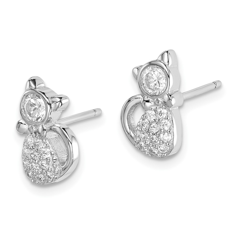 Sterling Silver Rhodium-plated Polished CZ Cat Post Earrings (QE15097)