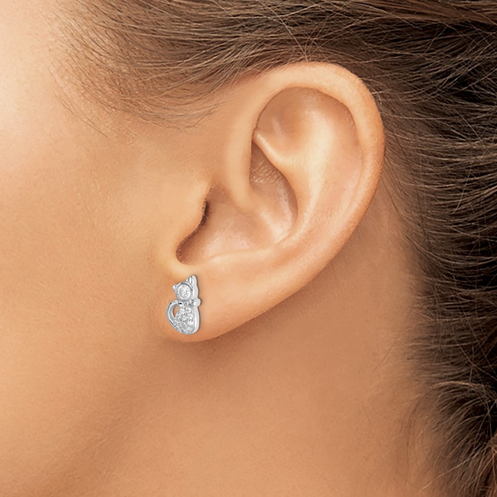Sterling Silver Rhodium-plated Polished CZ Cat Post Earrings (QE15097)
