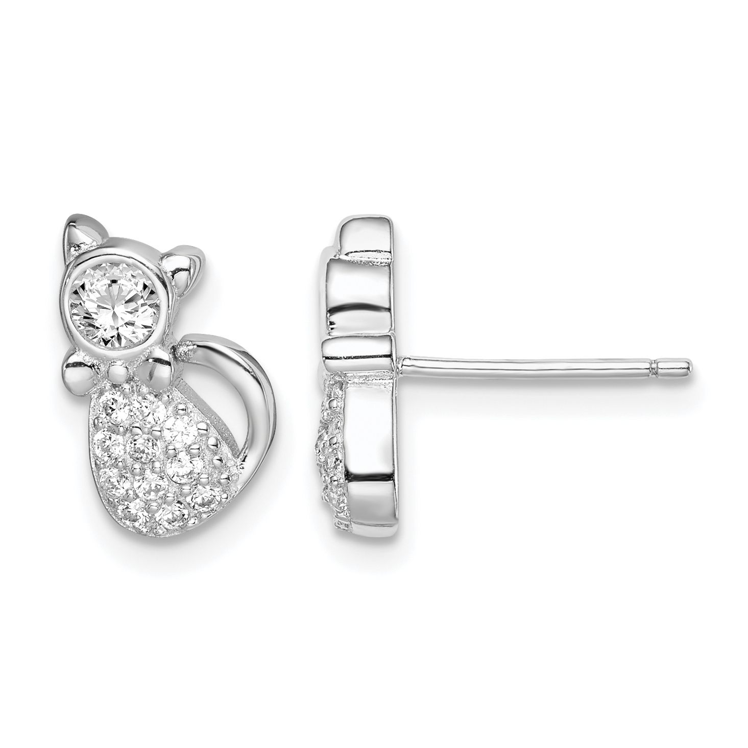 Sterling Silver Rhodium-plated Polished CZ Cat Post Earrings (QE15097)