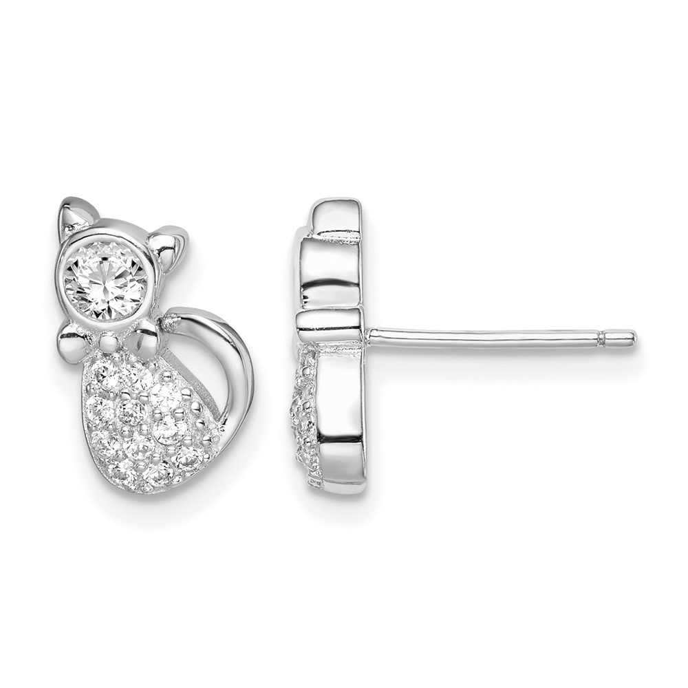 Sterling Silver Rhodium-plated Polished CZ Cat Post Earrings (QE15097)