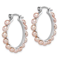 Sterling Silver Rhodium-plated 4-5mm Pink Button Freshwater Cultured Pearl Hoop Earrings view 2