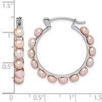 Sterling Silver Rhodium-plated 4-5mm Pink Button Freshwater Cultured Pearl Hoop Earrings view 4