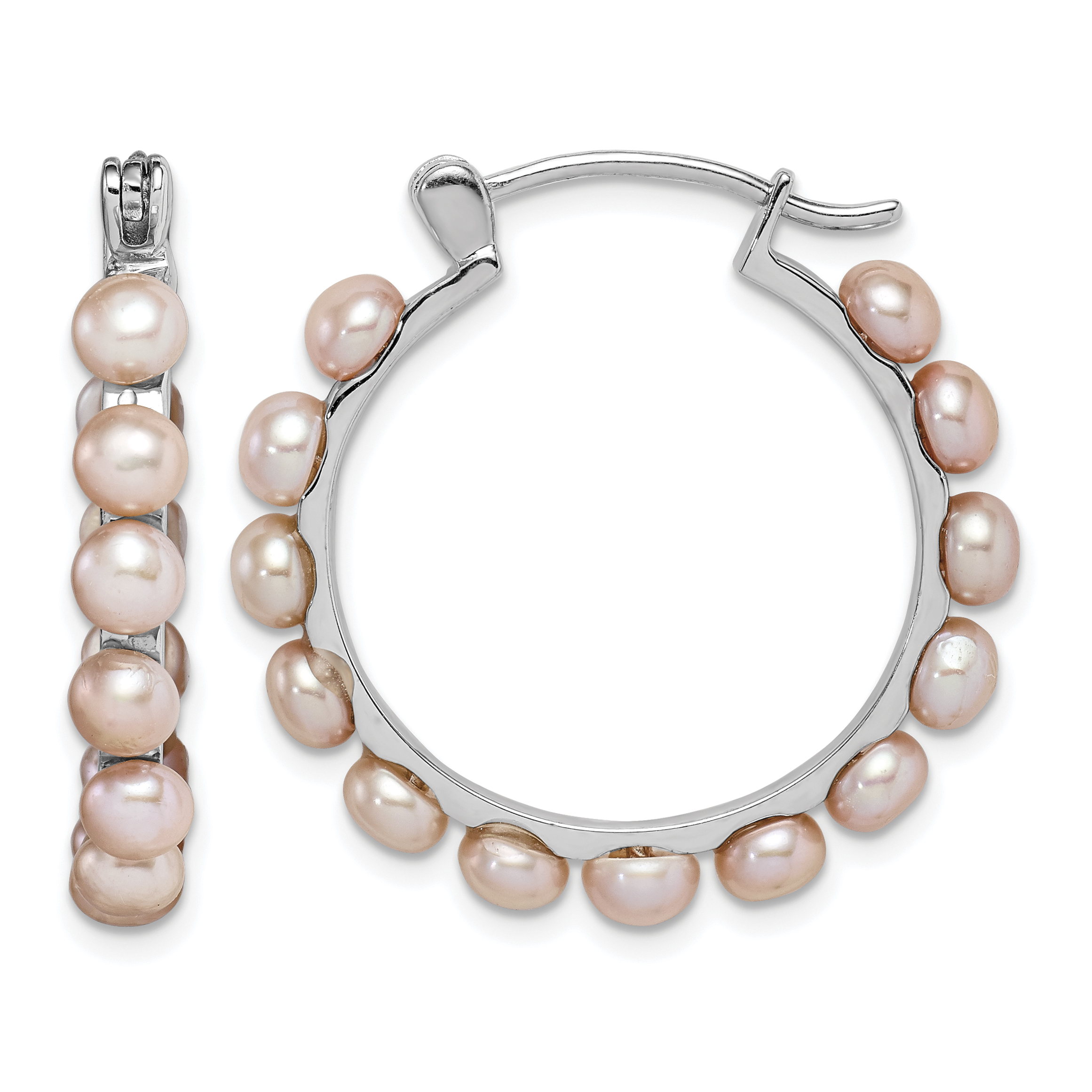 Sterling Silver Rhodium-plated 4-5mm Pink Button Freshwater Cultured Pearl Hoop Earrings (QE15098)