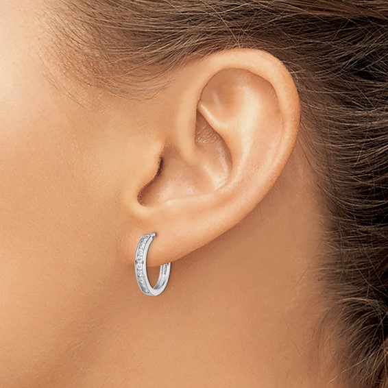 Sterling Silver Rhodium-plated CZ 3x16mm Hinged Hoop Earrings