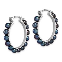 Sterling Silver Rhodium-plated 4-5mm Black Button Freshwater Cultured Pearl Hoop Earrings view 2