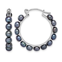 Sterling Silver Rhodium-plated 4-5mm Black Button Freshwater Cultured Pearl Hoop Earrings view 1