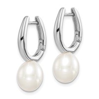 Sterling Silver Rhodium-plated 7-8mm White Rice Freshwater Cultured Pearl Dangle Hoop Earrings view 2
