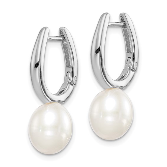 Sterling Silver Rhodium-plated 7-8mm White Rice Freshwater Cultured Pearl Dangle Hoop Earrings