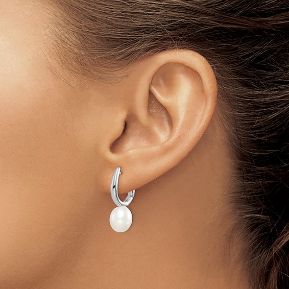 Sterling Silver Rhodium-plated 7-8mm White Rice Freshwater Cultured Pearl Dangle Hoop Earrings