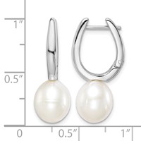 Sterling Silver Rhodium-plated 7-8mm White Rice Freshwater Cultured Pearl Dangle Hoop Earrings view 4