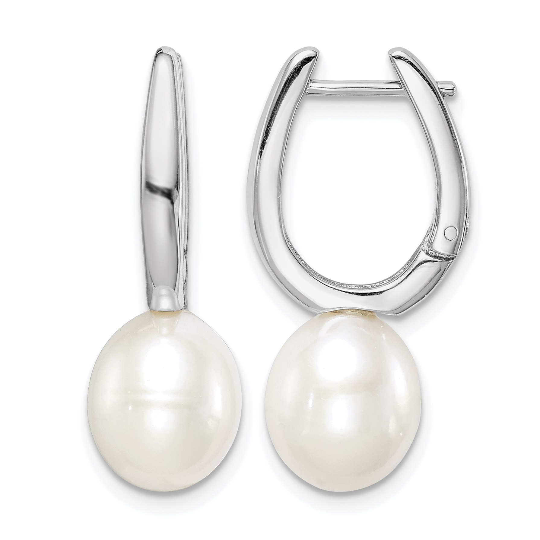 Sterling Silver Rhodium-plated 7-8mm White Rice Freshwater Cultured Pearl Dangle Hoop Earrings (QE15120)