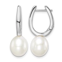Sterling Silver Rhodium-plated 7-8mm White Rice Freshwater Cultured Pearl Dangle Hoop Earrings view 1