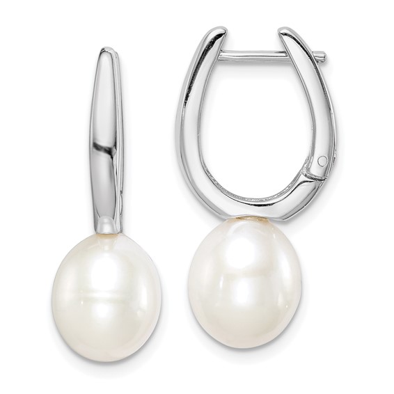 Sterling Silver Rhodium-plated 7-8mm White Rice Freshwater Cultured Pearl Dangle Hoop Earrings