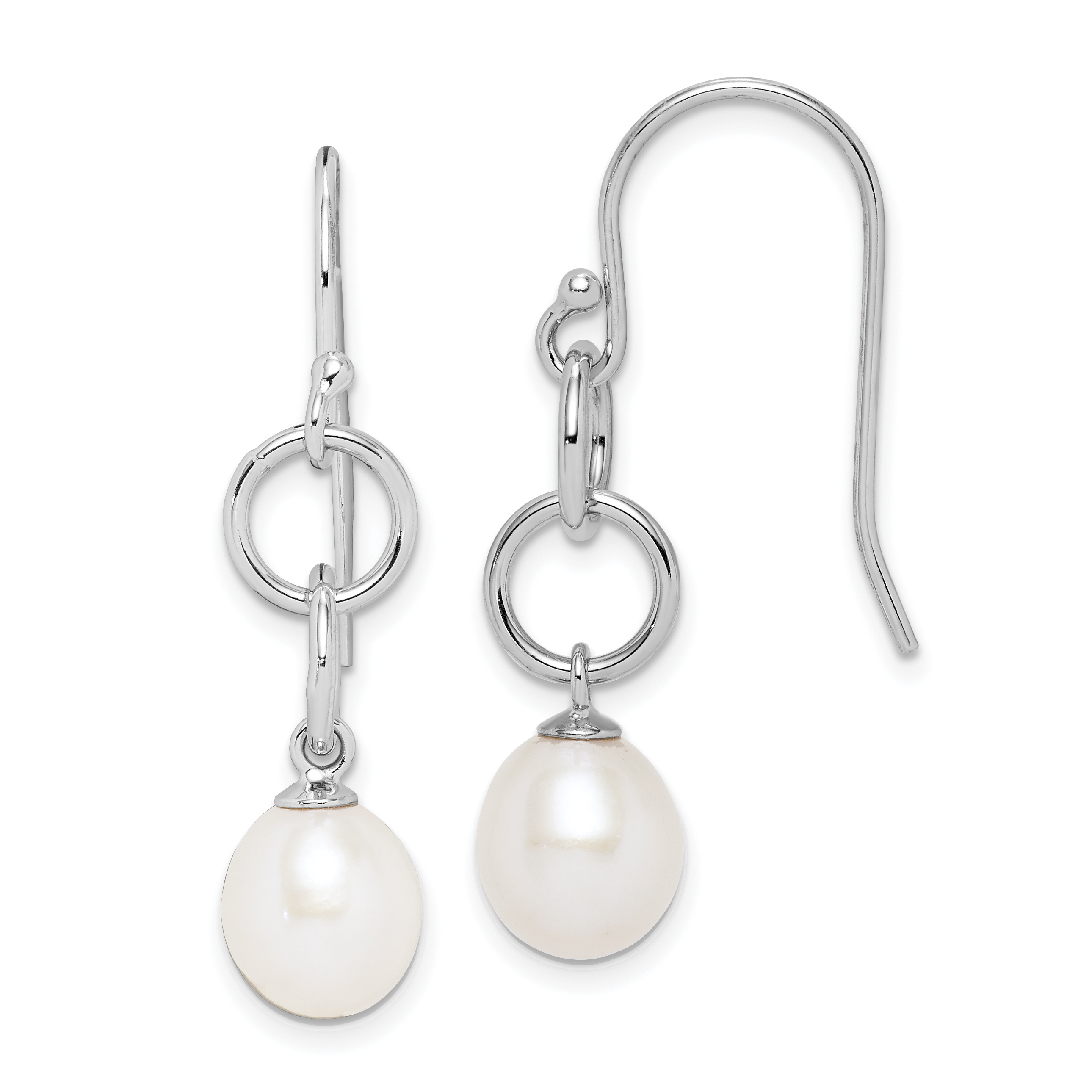 Sterling Silver Rhodium-plated 7-8mm White Teardrop Freshwater Cultured Pearl Circle Dangle Earrings (QE15121)