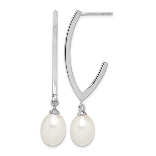 Sterling Silver Rhodium-plated 8-9mm White Rice Freshwater Cultured Pearl Post Dangle Earrings