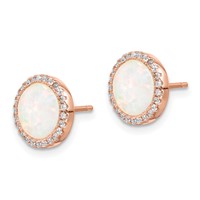 Sterling Silver Rose-Tone Created Opal & CZ Round Halo Post Earrings view 2