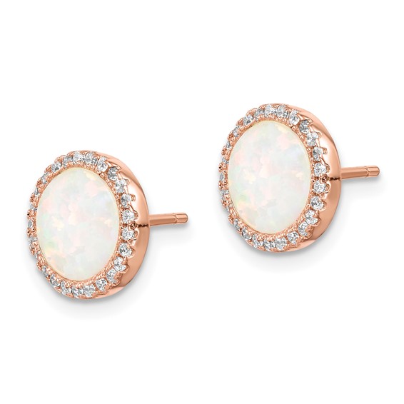 Sterling Silver Rose-Tone Created Opal & CZ Round Halo Post Earrings