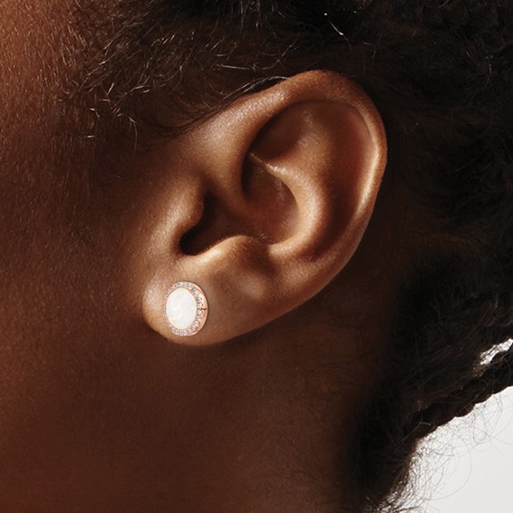 Sterling Silver Rose-Tone Created Opal & CZ Round Halo Post Earrings