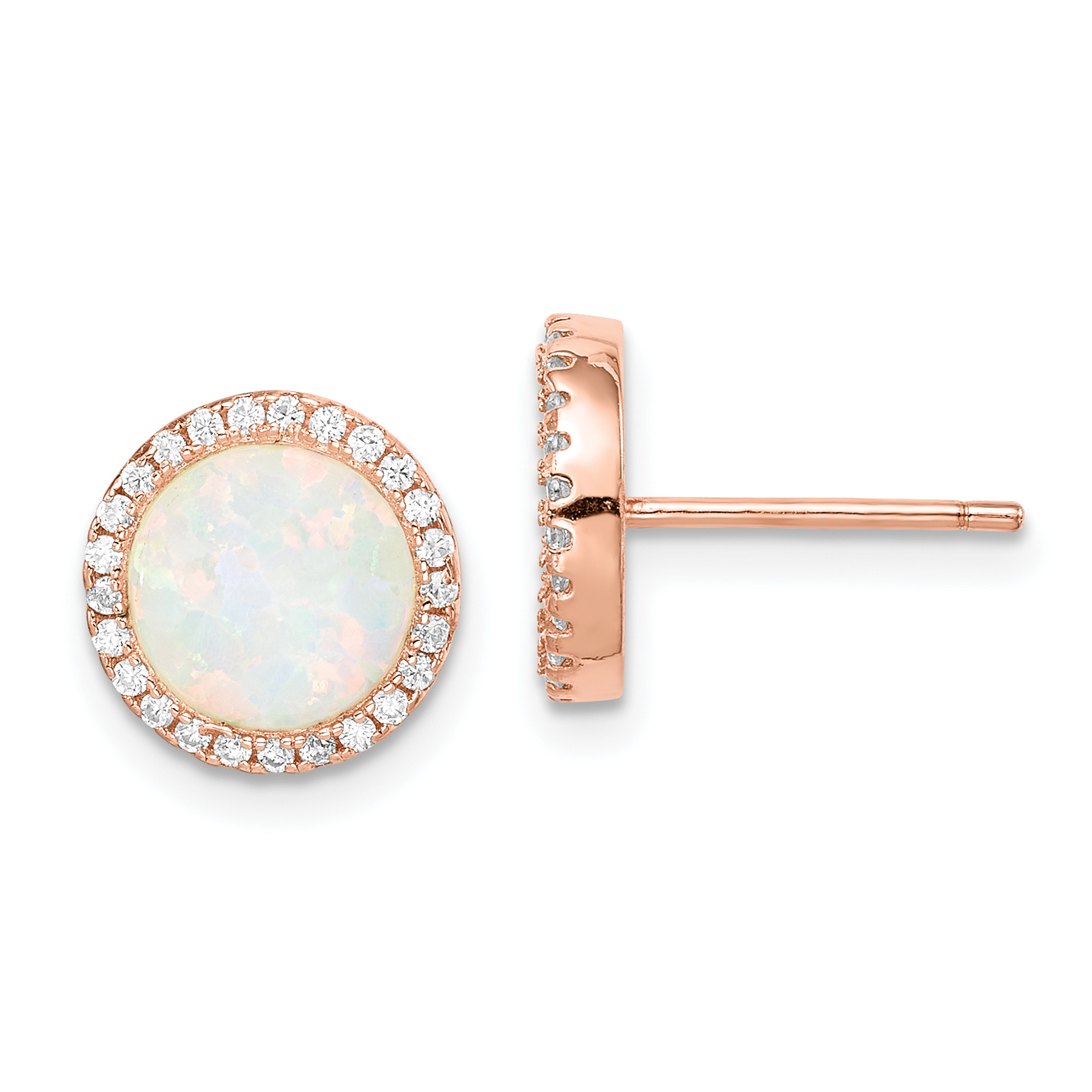 Sterling Silver Rose-Tone Created Opal & CZ Round Halo Post Earrings (QE15126)