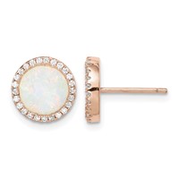 Sterling Silver Rose-Tone Created Opal & CZ Round Halo Post Earrings view 1