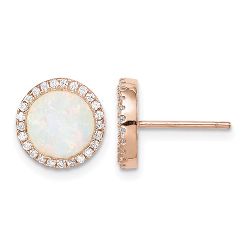 Sterling Silver Rose-Tone Created Opal & CZ Round Halo Post Earrings