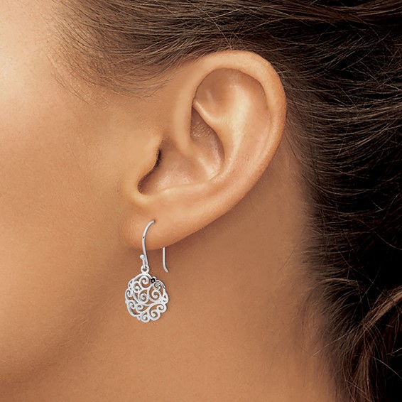 Sterling Silver Rhodium-plated Polished Filigree Circle Dangle Earrings
